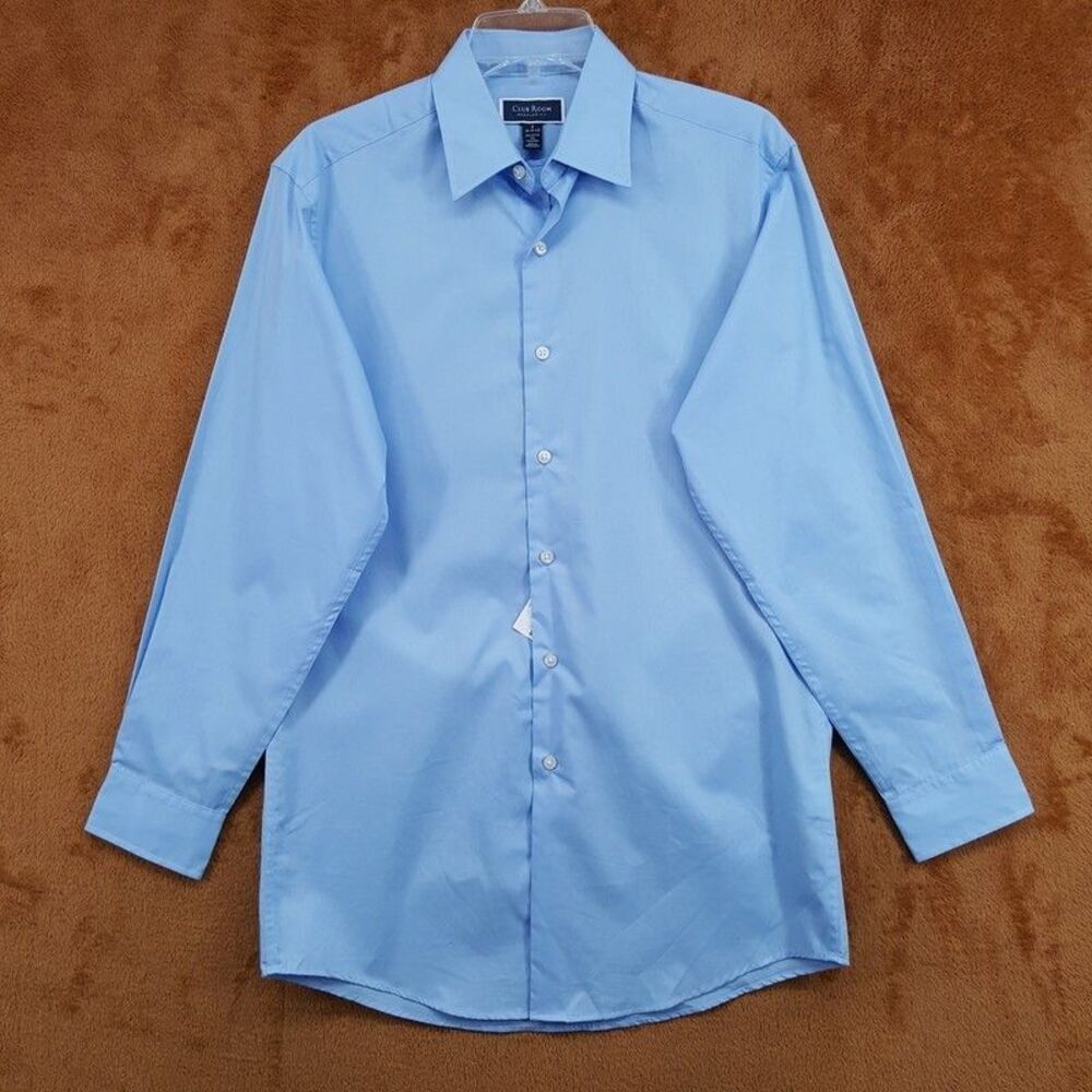 CLUB ROOM Dress Shirt Mens Size 14 14.5 Solid Blue Button Up Regular Fit